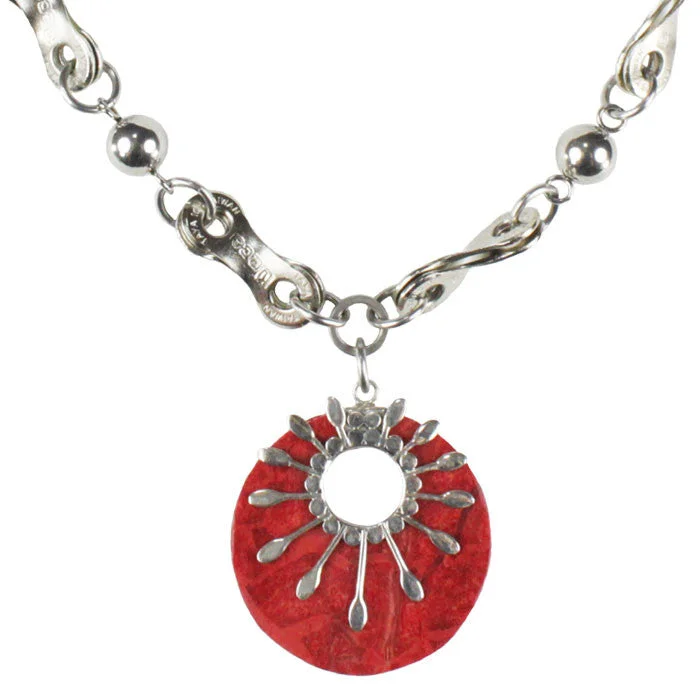 Ladies necklaces infinity symbol designs-Coral & Sterling Silver Sunburst Necklace