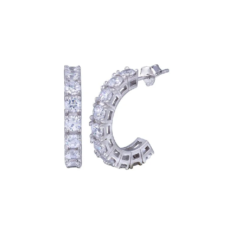 ladies earrings flower topaz-Silver 925 Rhodium Plated Round Clear CZ huggie hoop Earrings - BGE00029