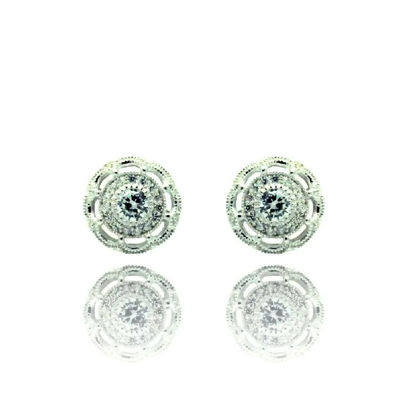 ladies earrings brushed oval-Silver 925 Rhodium Plated Round CZ Stud Earrings - BGE00325