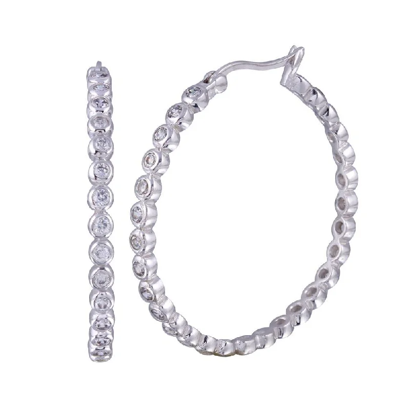 ladies earrings brushed sapphire-Silver 925 Rhodium Plated Round CZ Hoop Earrings - STE00294