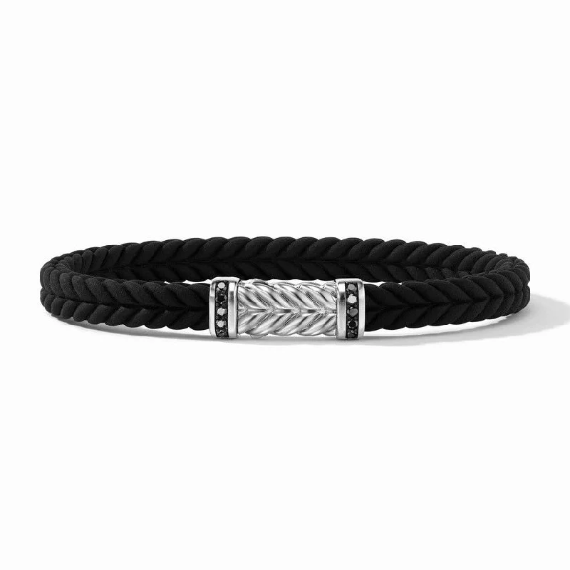 Ladies bracelets pastel tone styles-David Yurman Gents Chevron Black Rubber Bracelet with Pave Black Diamonds