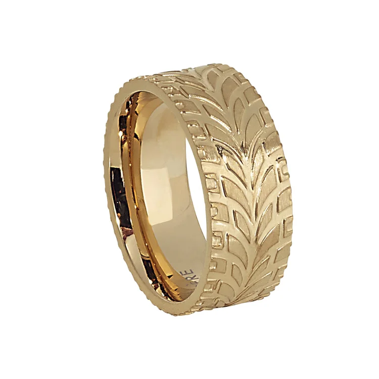 ladies ring high-end three stone-Gold IP Finish Stainless Steel Feathered Band  - Size 9