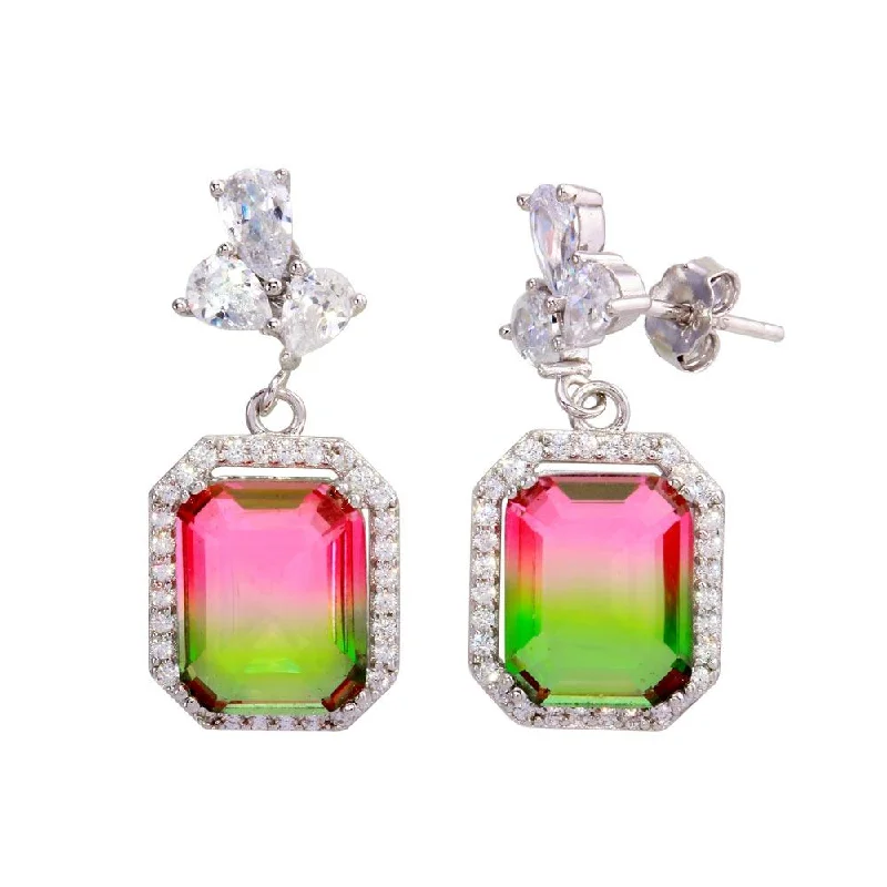 ladies earrings celestial gold-Rhodium Plated 925 Sterling Silver Green Pink Gradient CZ Dangling Earrings - STE01206