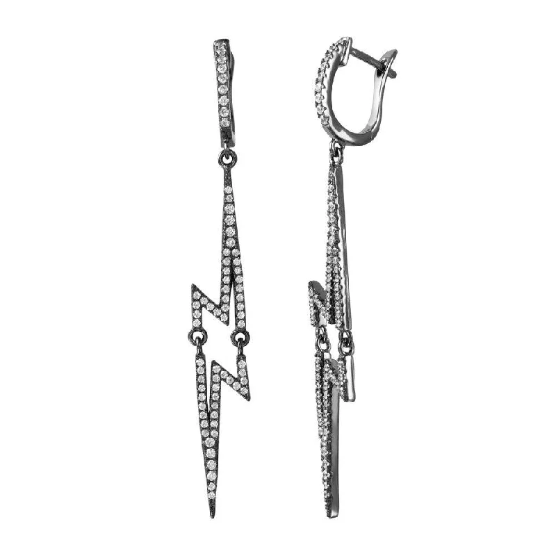 ladies earrings premium threader-Silver 925 Black Rhodium Plated Dangling Lightning CZ huggie hoop Earrings - ACE00102BLK