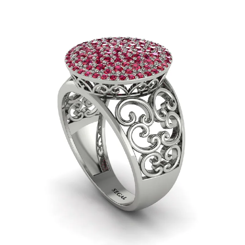 ladies engagement ring animal red ruby-Ruby Signet Filigree Pave Engagement Ring - Rylie No. 12