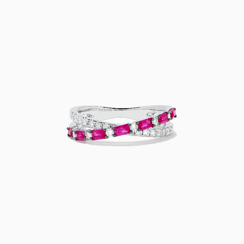 ladies ring holiday green emerald-Ruby Royale 14K White Gold Ruby and Diamond Crossover Band