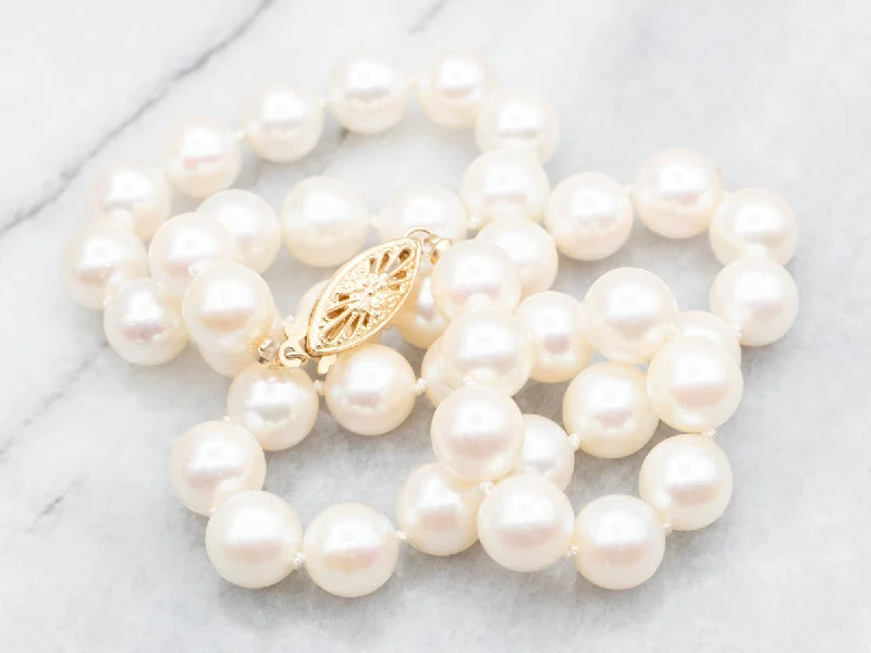 Ladies necklaces pave set designs-Saltwater Pearl Beaded Necklace with Gold Filigree Clasp