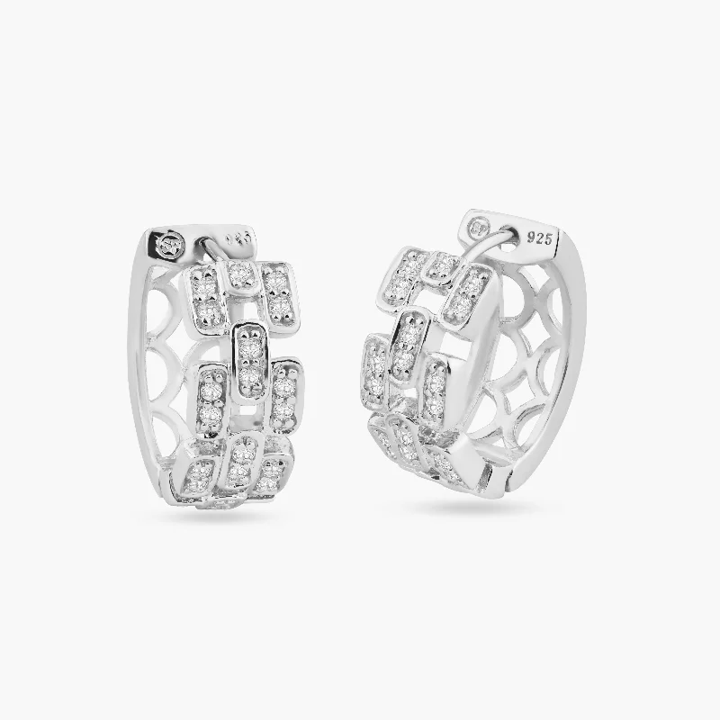 ladies earrings premium chain-Silver 925 Rhodium Plated Baguette Alternated Clear CZ Hoop Earrings - STE00686