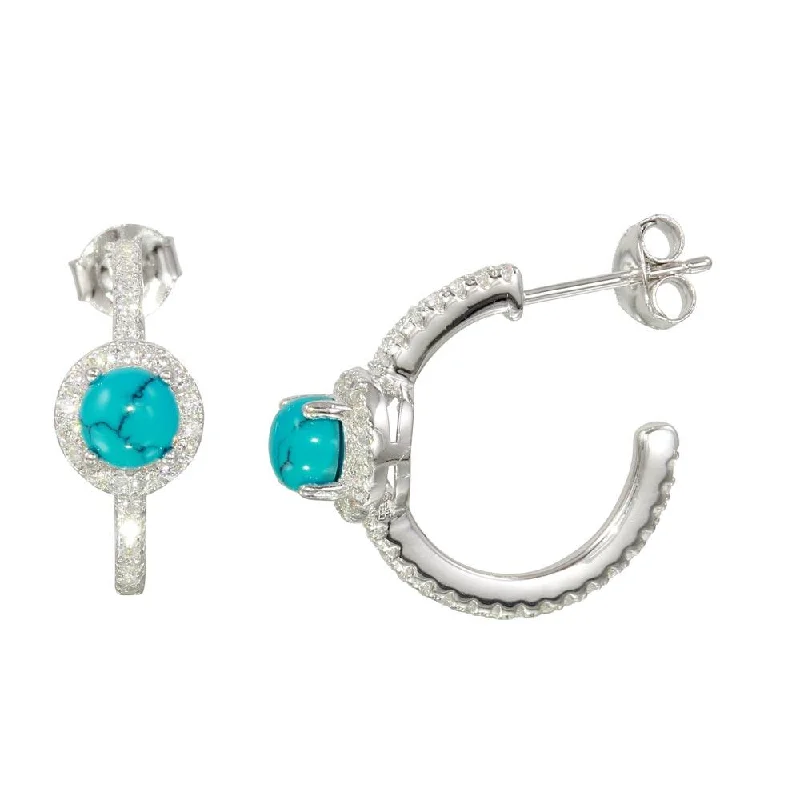 ladies earrings custom diamond-Rhodium Plated  925 Sterling Silver Semi-Hoop CZ Earrings with CZ and Aqua Stone - BGE00569AQ