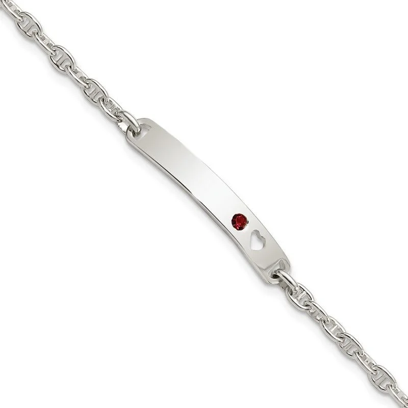 Ladies bracelets sun motif designs-Sterling Silver Polished ID with Red CZ Heart Bracelet