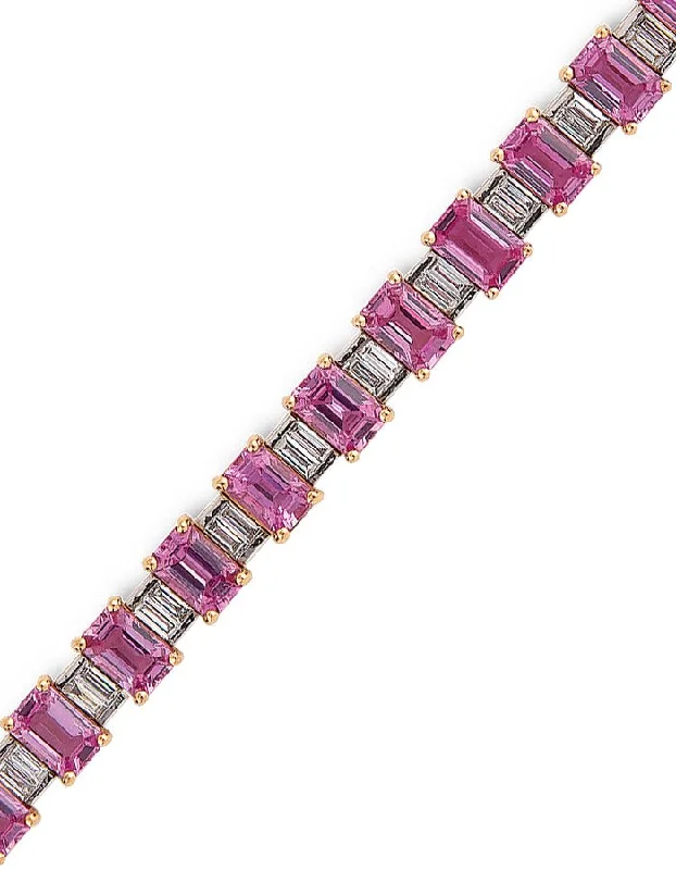 Ladies bracelets super wide designs-18k White Gold, Emerald Cut Pink Sapphire and Diamond Bracelet