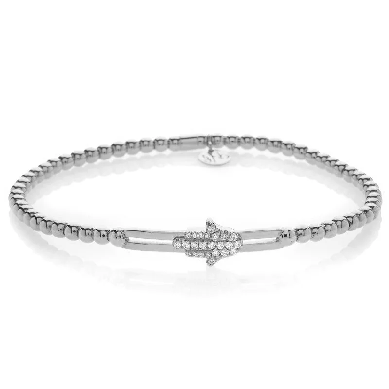 Ladies bracelets luxurious bold designs-Hulchi Belluni Fidget Bracelet with Hamsa Pave Diamond Moveable Station White Gold Stretch Stackable