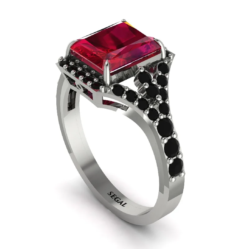 ladies engagement ring sleek bezel-Radiant Cut Ruby 14K Halo Engagement Ring - Cassidy No. 42