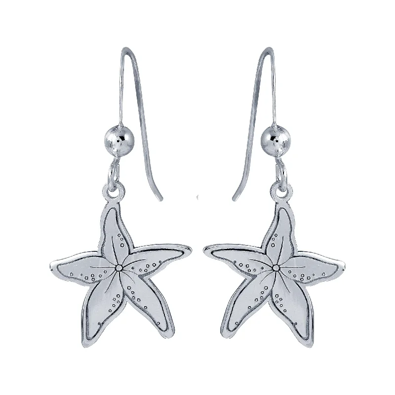 ladies earrings mother’s black diamond-Rhodium Plated 925 Sterling Silver Dangling Starfish Earrings - SOE00038