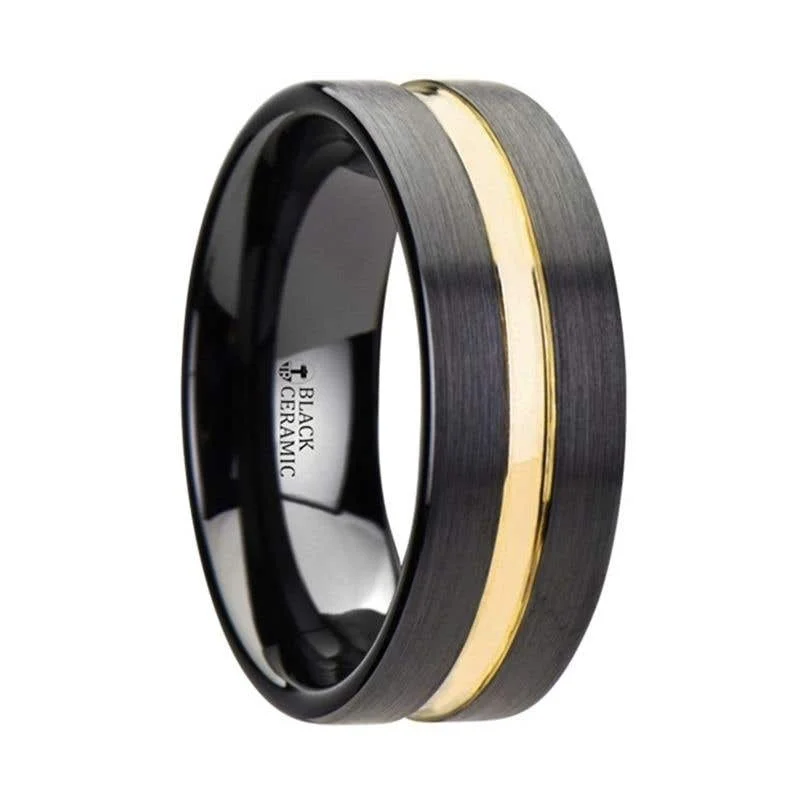 ladies ring smooth opal-Thorsten VIVALDI Black Ceramic Wedding Band With Yellow Gold Groove - 4mm 6mm or 8mm