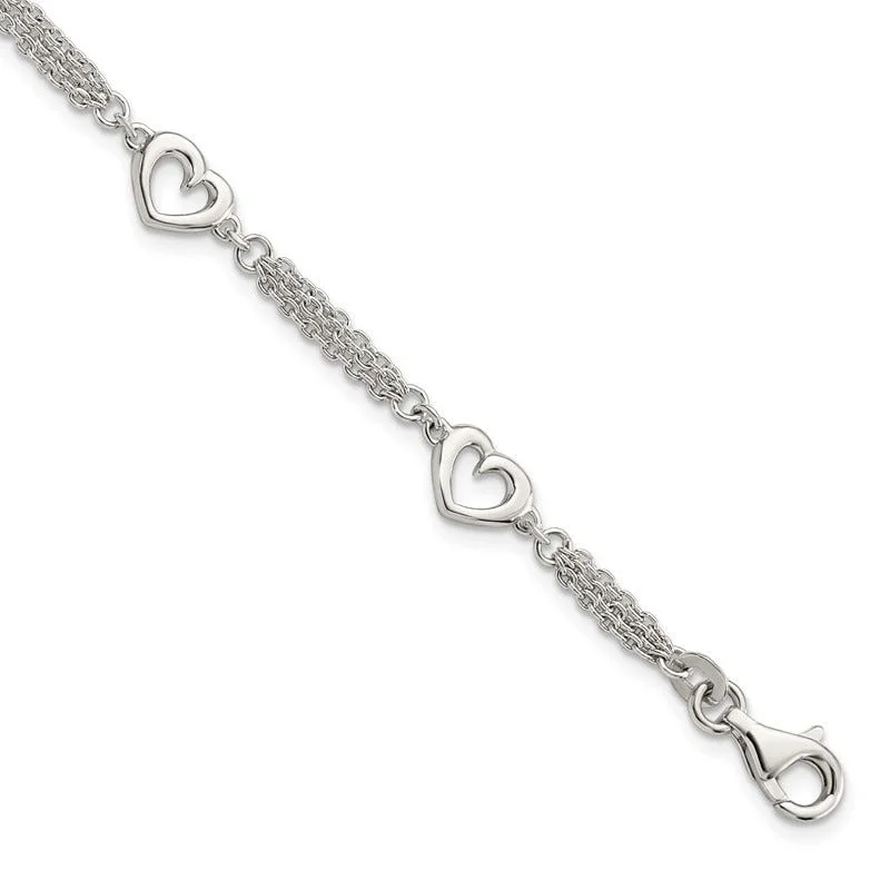 Ladies bracelets fixed gem designs-Sterling Silver Polished Hearts 7.5in w/1.0 in ext Bracelet