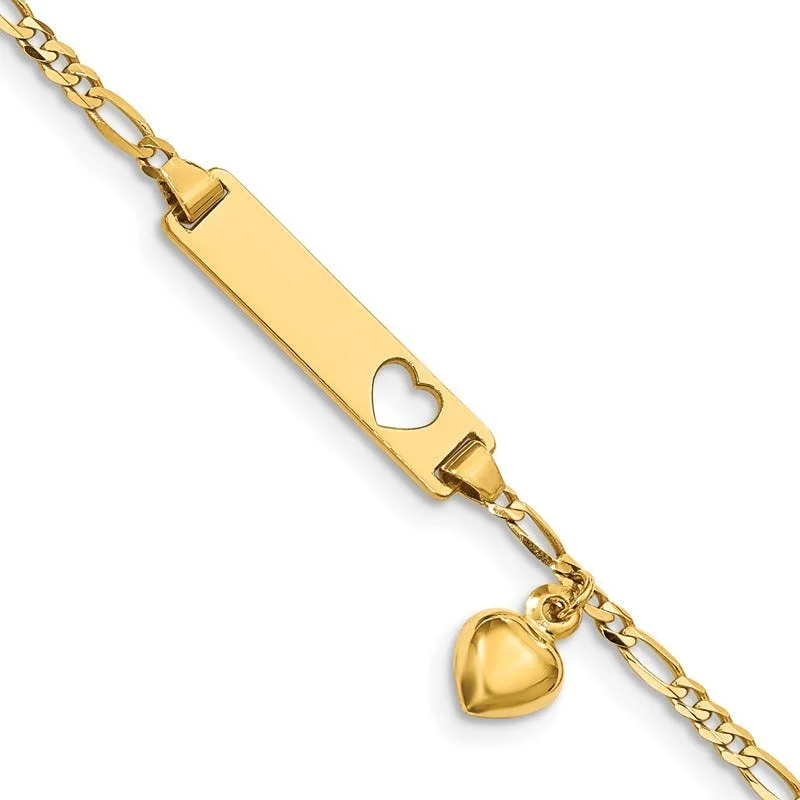 Ladies bracelets bangle style trends-14K Cut-out Heart w/Dangling Heart Children's Figaro Link ID Bracelet