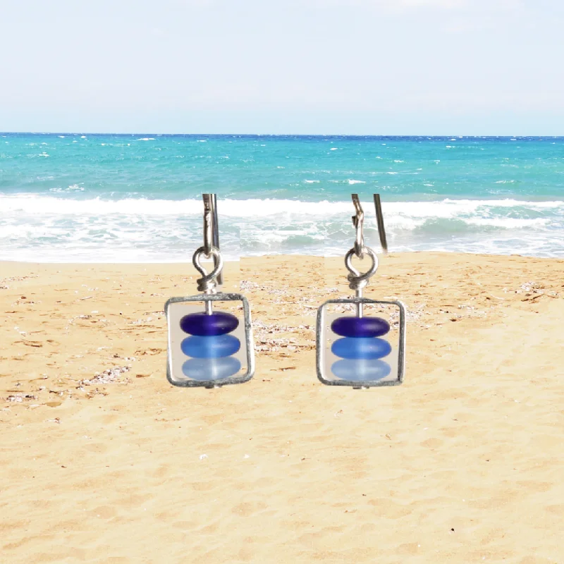 ladies earrings boho blue sapphire-Box Seaglass Earrings