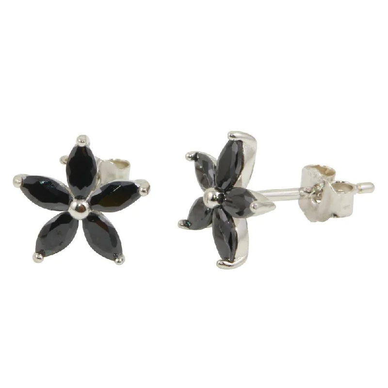 ladies earrings christmas chain-Rhodium Plated 925 Sterling Silver Black Five Petal Flower Earrings - STE01094