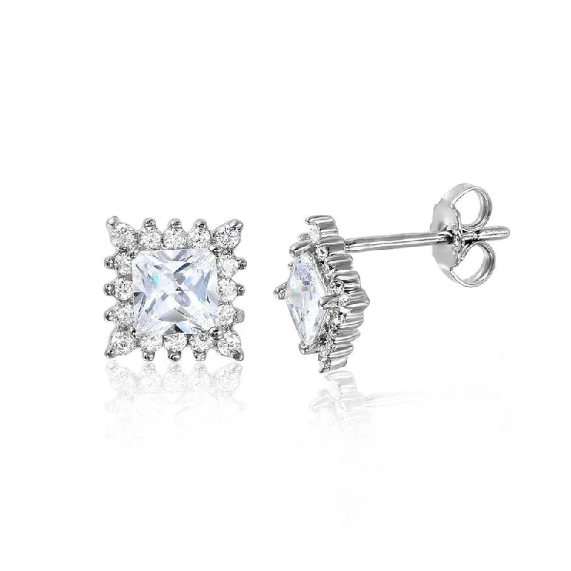 ladies earrings elegant symmetrical-Silver 925 Rhodium Plated Square Halo Earrings - STE01039