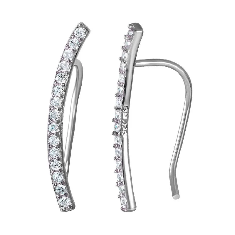 ladies earrings designer bar-Silver 925 Rhodium Plated CZ Encrusted Bar Earrings - STE01036