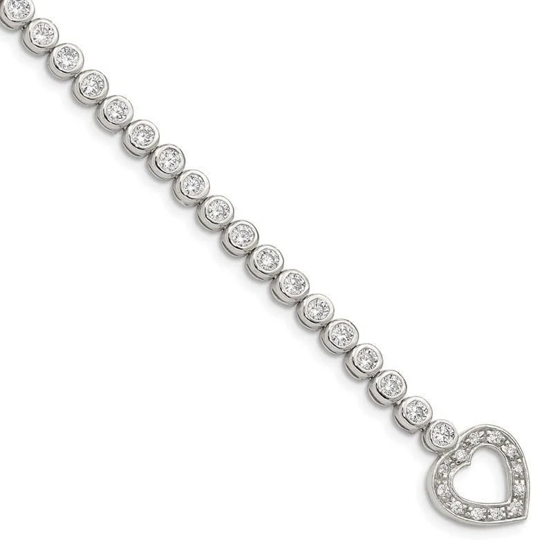 Ladies bracelets luxurious bold designs-Sterling Silver Rhodium-plated 7.5 in CZ Tennis Bracelet with Heart