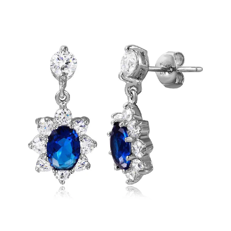 ladies earrings designer jacket-Silver 925 Rhodium Plated 2 Toned Clear And Blue CZ Hanging Earrings - BGE00472