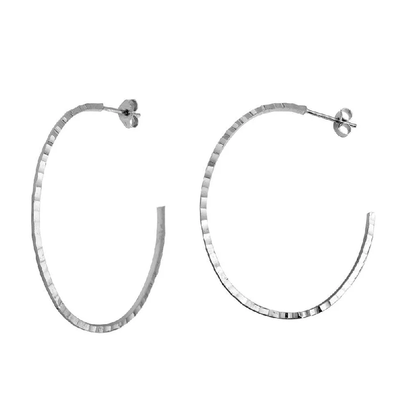 ladies earrings summer aquamarine-Rhodium Plated 925 Sterling Silver Diamond Cut Semi Hoop Earrings 50mm - ECE00033RH