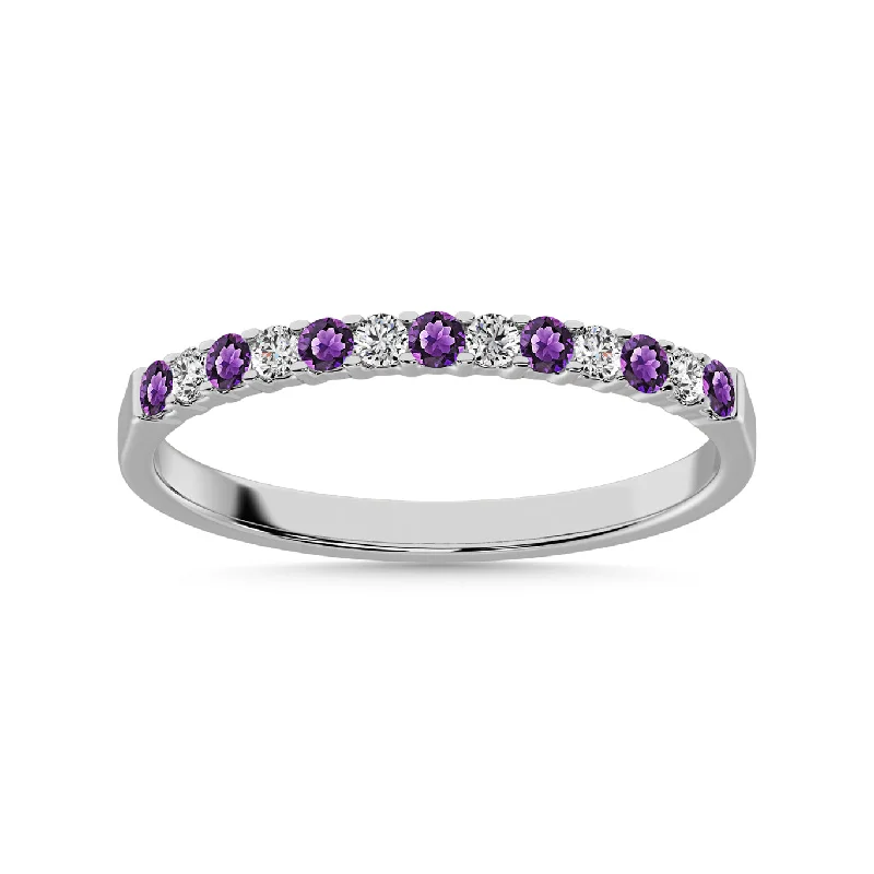 ladies ring ornate opal-14K White Gold 1/4 Ctw Alternate Amethyst & Diamond Anniversary Band