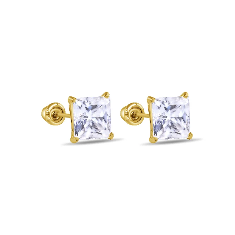 ladies earrings unique sleeper-14MGME00039 - 14 Karat Yellow Gold Square Moissanite Stud Screw Back Earring