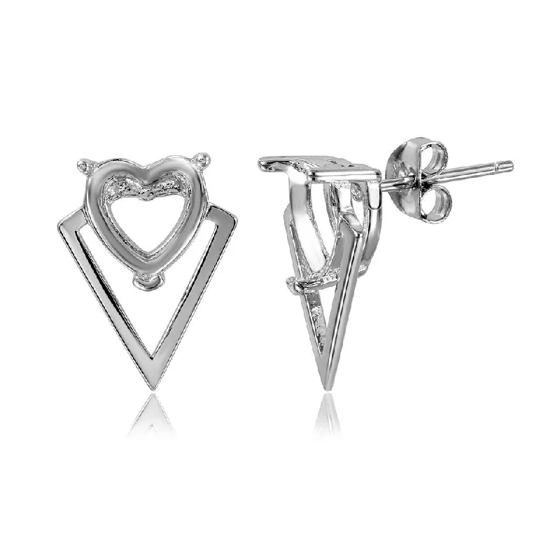 ladies earrings zodiac garnet-Silver 925 Rhodium Plated Personalized Triangle Shape Heart Mounting Earrings - BGE00479