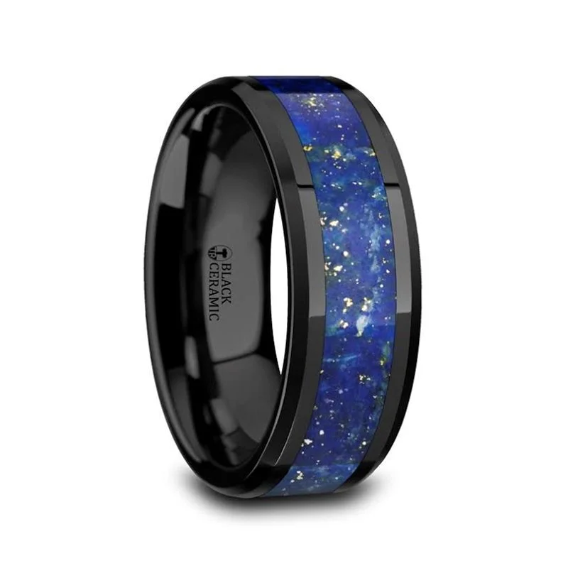 ladies ring constellation recycled-Thorsten MARLOW Black Ceramic Wedding Band with Blue Lapis Inlay & Beveled Edges - 8mm