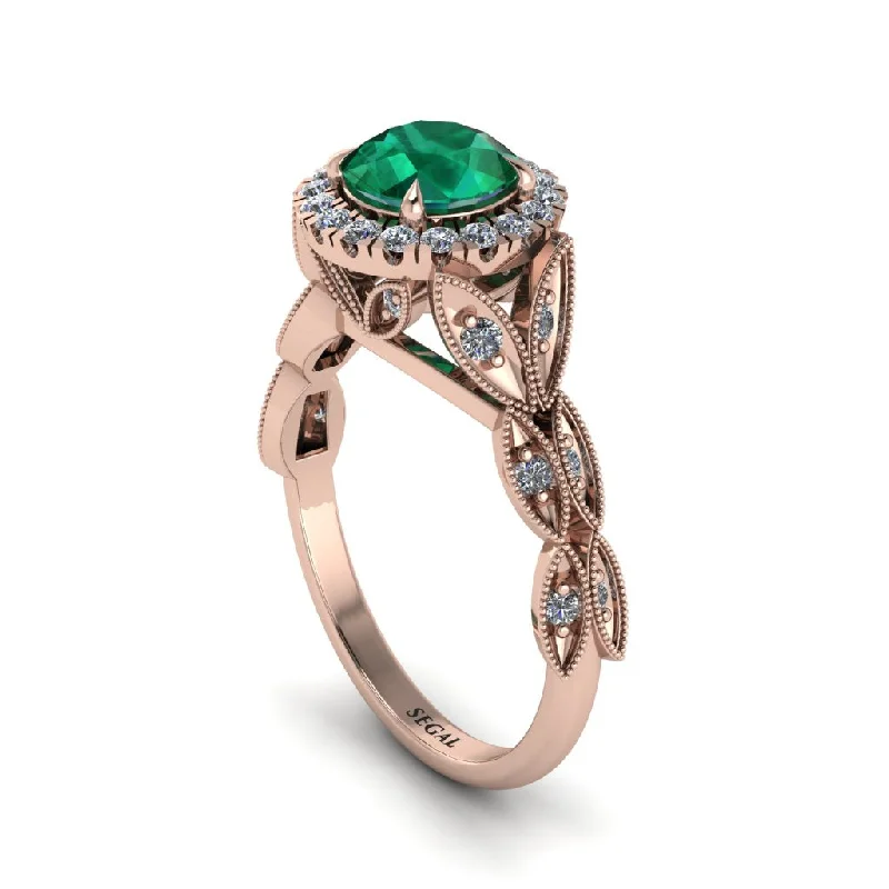 ladies engagement ring modern three stone-Emerald Halo Nature Inspired Leaf Engagement Ring - Alessandra No. 5