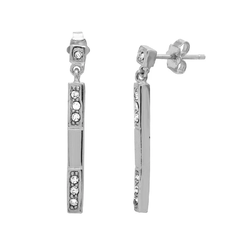 ladies earrings polished tassel-Rhodium Plated 925 Sterling Silver Dangling Bar CZ Earrings - BGE00501