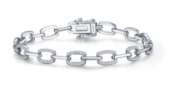 Ladies bracelets winter sparkle designs-Sterling Silver Alternating Link & Simulated Diamond Accented Bracelet by Lafonn