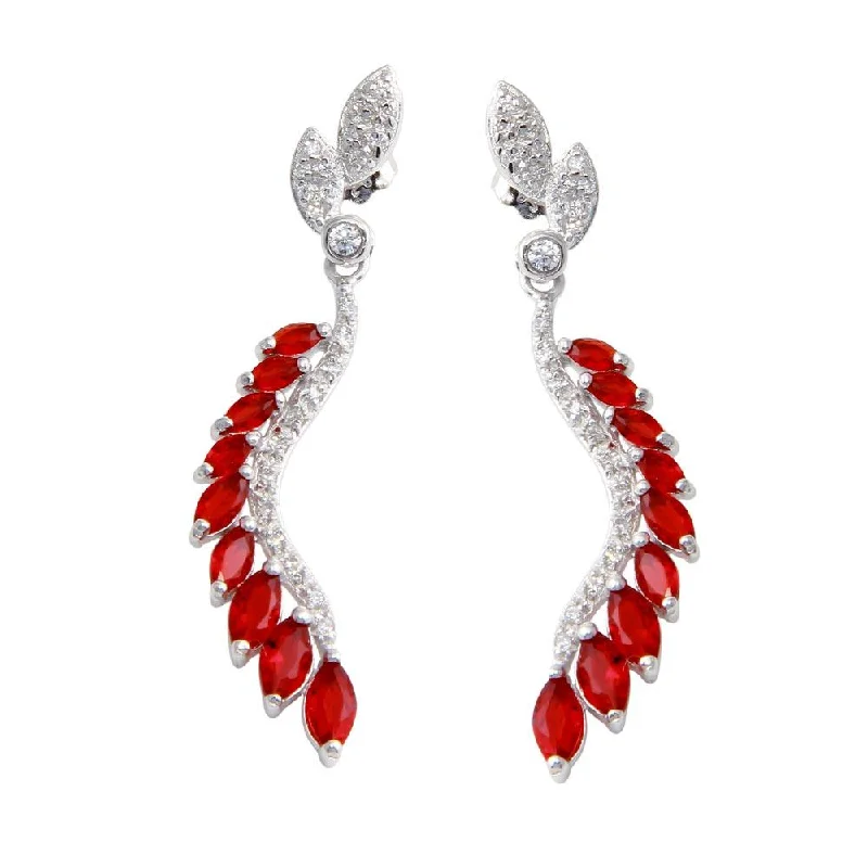 ladies earrings butterfly round-Rhodium Plated 925 Sterling Silver Dangling Feather Earrings with Red CZ - BGE00604RED