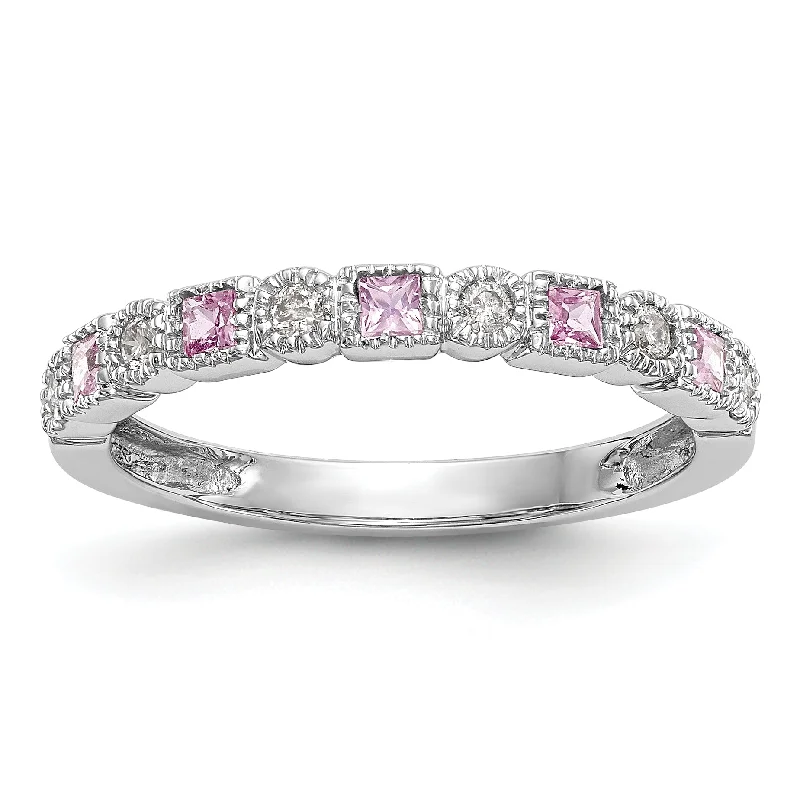 ladies ring premium yellow topaz-14k White Gold Round Diamond With Square Pink Sapphire Anniversary Band