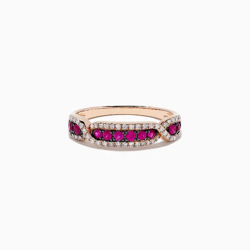 ladies ring sleek tension-Ruby Royale 14K Rose Gold Pave Ruby and Diamond Band, 0.44 TCW