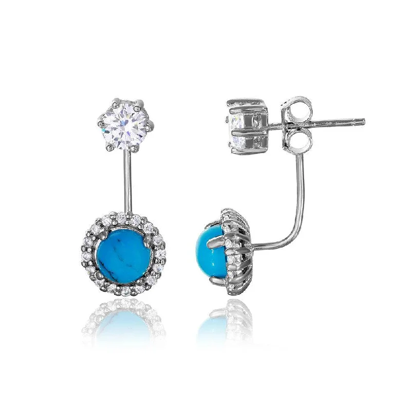 ladies earrings elegant round-Silver 925 Rhodium Plated Round CZ with Hanging Round Turquoise Earrings - BGE00474