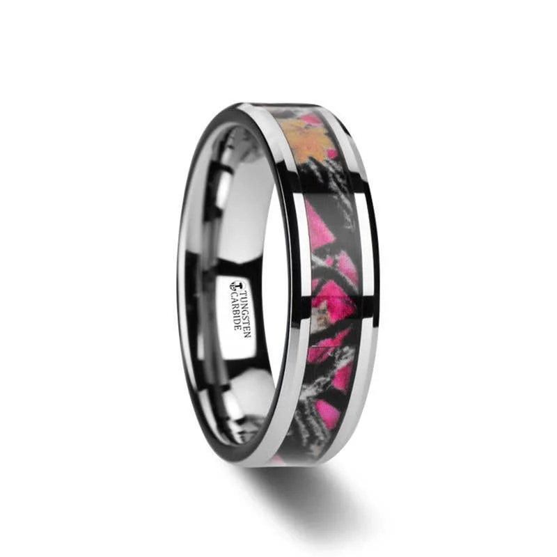 ladies ring birthstone center stone-Thorsten JULIET Realistic Tree Camo Tungsten Carbide Wedding Band with Real Pink Oak Leaves - 6mm - 8mm