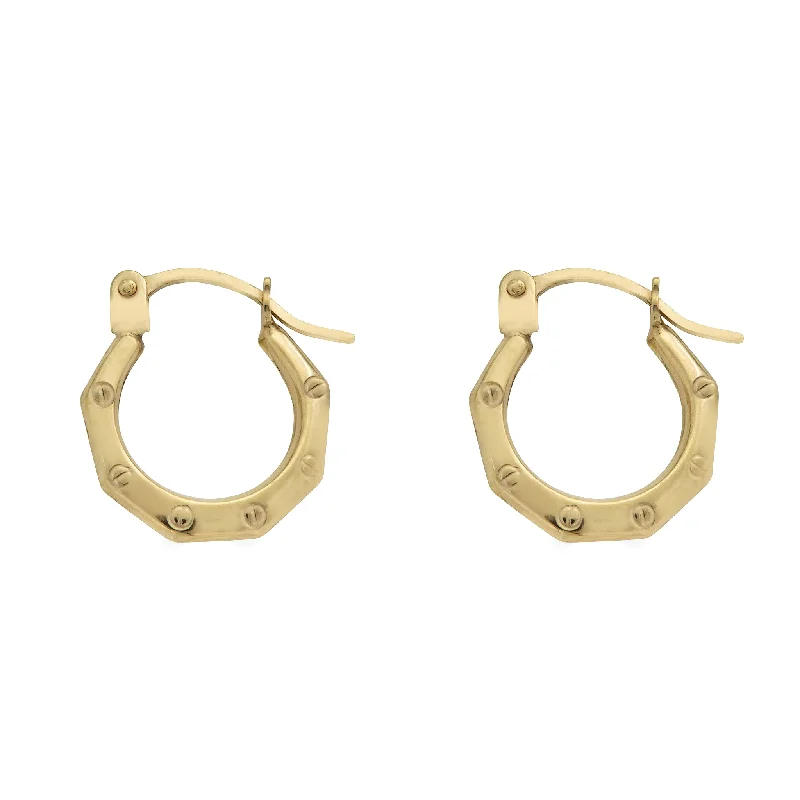 ladies earrings luxury emerald-14E00370 - 14 Karat Yellow Gold Hexagon Design Latch Back Hoop Earring