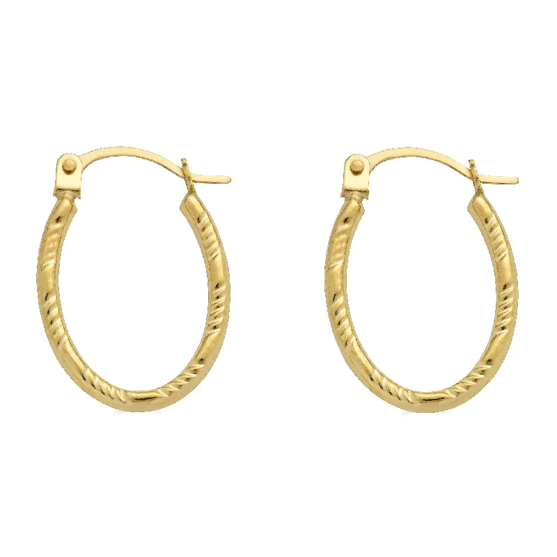 ladies earrings timeless silver-14E00385. - 14 Karat Yellow Gold Diamond Cut Textured Oval Hoop Latch Lock Earrings