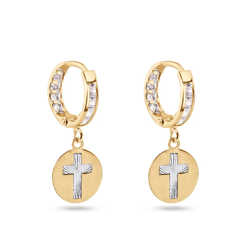 ladies earrings boho crawler-14E00419. - 14 Karat Yellow Gold Dangling Cross Clear CZ 12mm Hoop Earrings