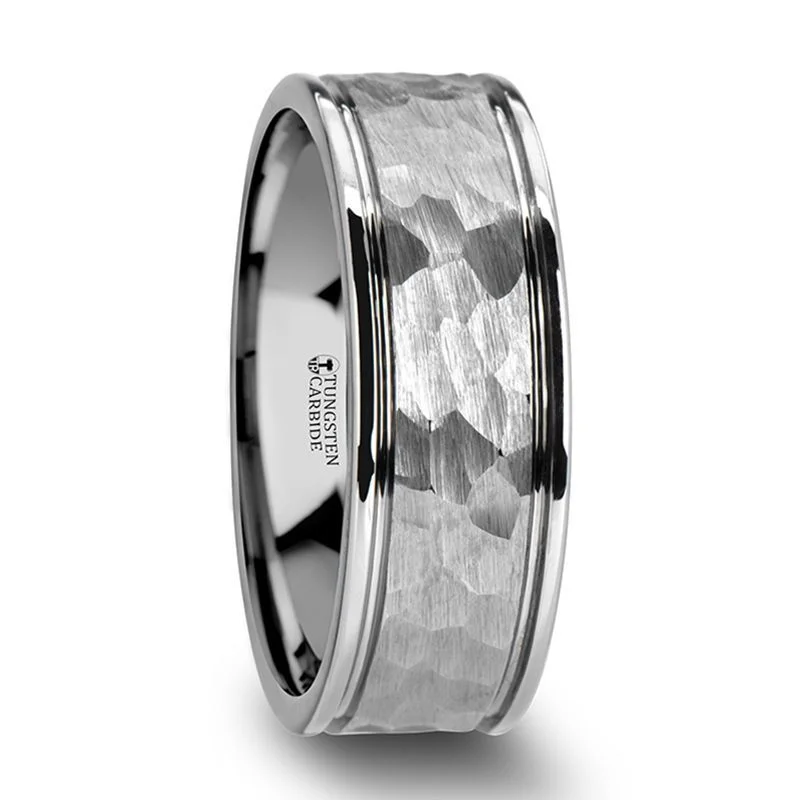 ladies ring personalized center stone-Thorsten THORNTON Hammered Finish Center White Tungsten Carbide Wedding Band with Dual Offset Grooves and Polished Edges - 6mm or 8mm