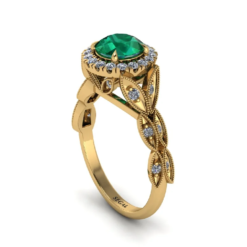 ladies engagement ring filigree baguette cut-Emerald Halo Nature Inspired Leaf Engagement Ring - Alessandra No. 4