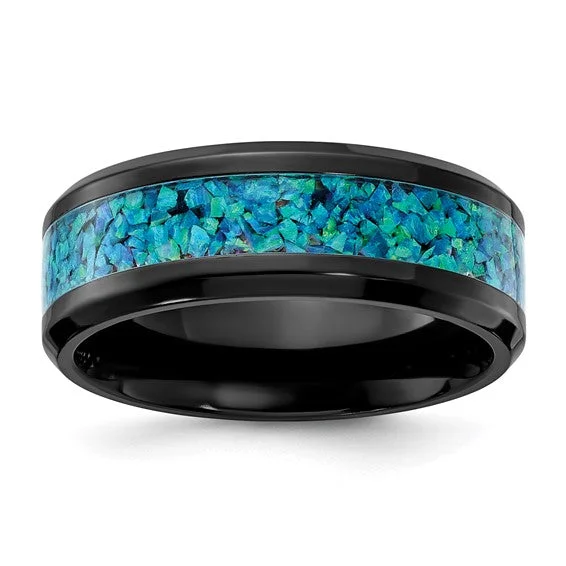 ladies ring glossy sapphire-Black Zirconium Polished with Blue Opal Inlay 8mm Band