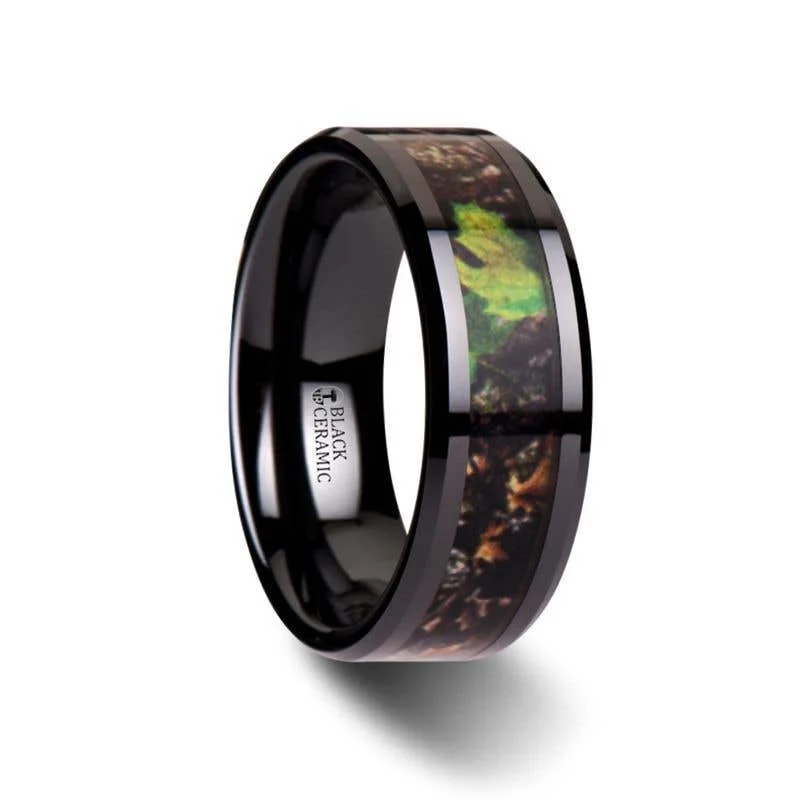 ladies ring seasonal blue sapphire-Thorsten NIGHTFALL Realistic Tree Camo Black Ceramic Wedding Band with Green Leaves - 8mm