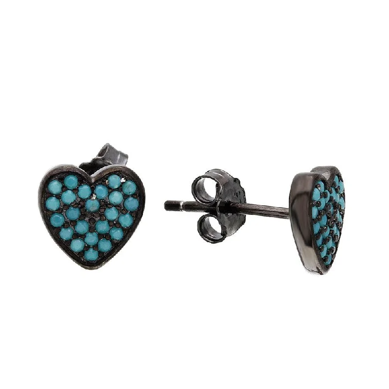 ladies earrings feather asymmetrical-Black Rhodium Plated 925 Sterling Silver Heart Earrings with Turquoise Stones - STE01074BLU