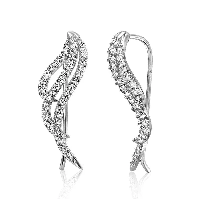 ladies earrings premium teardrop-Silver 925 Rhodium Plated Wings Earrings with Cubic Zirconia Stones - GME00039RH