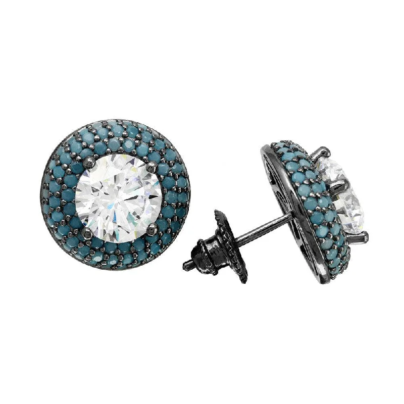 ladies earrings twisted gold-Black Rhodium Plated 925 Sterling Silver  Blue CZ Halo Stud Earrings - GME00082BLK